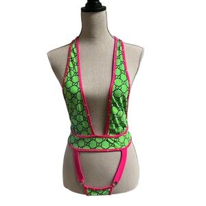 Neon Green & Pink Thong Monogram GG One-Piece Bikini, Dancewear